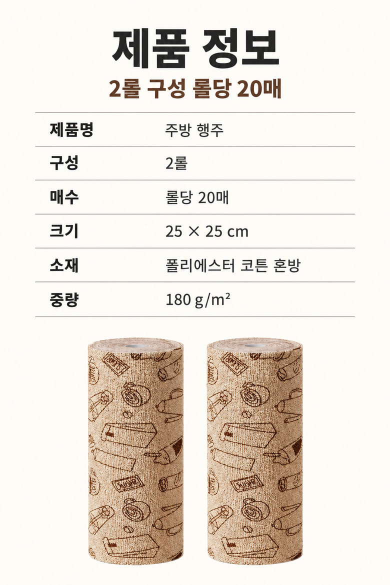 주방 행주 구성 정보: 2롤, 롤당 20매